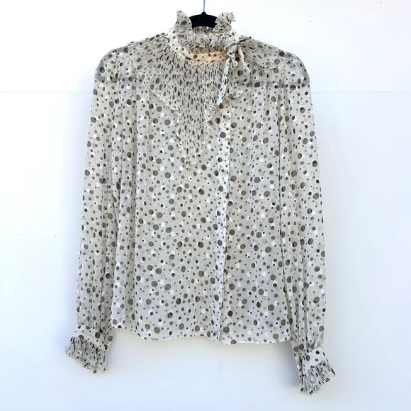 Vintage Ted Lapidus Paris Haute Couture Polka Dot Sheer Ruffle Pleated Blouse 36 - Picture 2 of 8